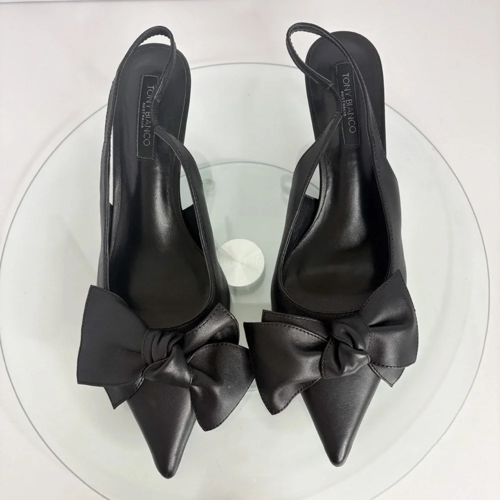 Tony Bianco Delilah Slingback Heels Black Leather Bow Pointed Toe Pumps Size 8